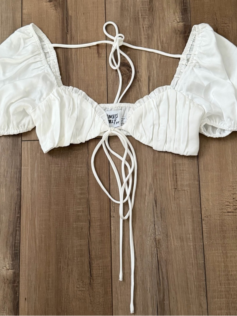 Princess Polly white tie front puff sleeves crop top
